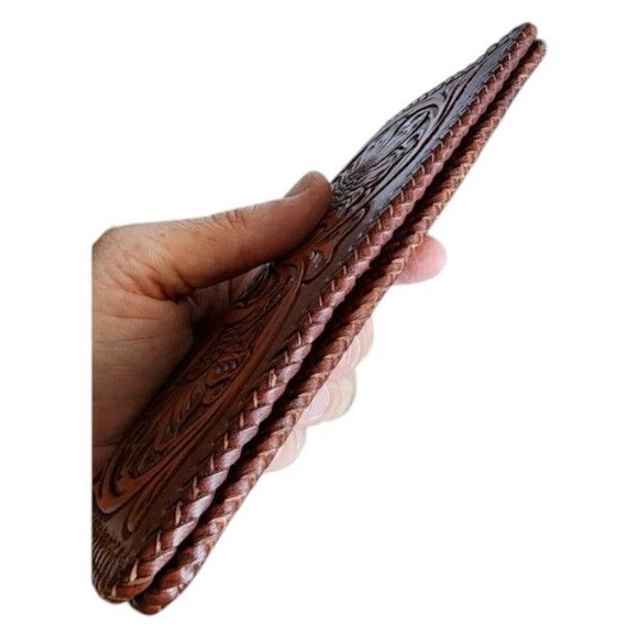 Western  Leather Bi-fold Rodeo Wallet Floral Tooled Ranger Cordovan Stitch Edge - Picture 6 of 9